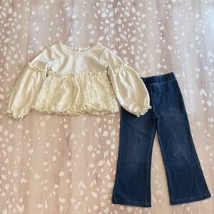 Habitual Kids Ivory Lace Peplum Top & Stretch Denim Pants Set | Size 4